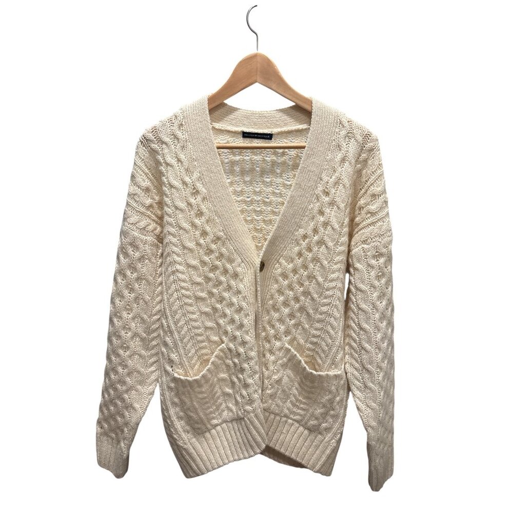 90% Wool Brandy Melville Cable Knit Cardigan Cream Button Front Chunky Cozy - Picture 2 of 10